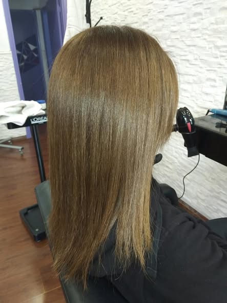 Vista posterior de un trabajo de cabello lacio publicado por el salón